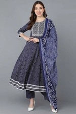 Indian Bollywood New For Women Navy Blue Rayon Blend Kurta Trousers With Dupatta