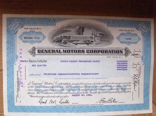 Stock certificate General Motors Corp. Payee Portes Cancer Prevention Center