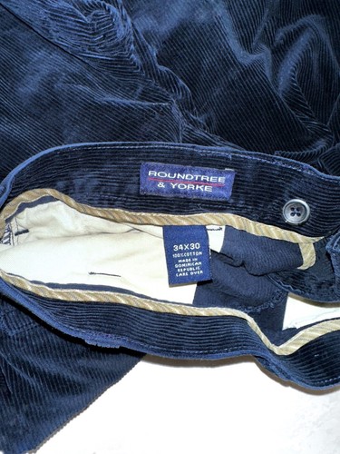 ROUNDTREE & YORKE Corduroy Pants Men's 34X30 Navy Blue PLEATED FRONT Waist 32” - Picture 4 of 4