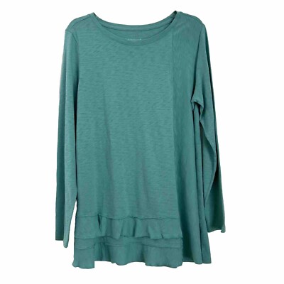 Soft Surroundings Size L Blouse Green Long Sleeves Hemline Ruffles Coco Pima