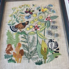 Completed Vintage Crewel   butterfly , flower bird raccoon 22 1/2 x 26 1/2 as is