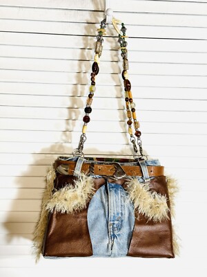 Handmade Levi s Orange Tag Tote Purse Hard Bottom Beaded Straps