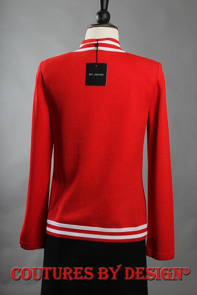 St John Knits Santana Sweater Sea Coral With White Trim Sz Petite NWT