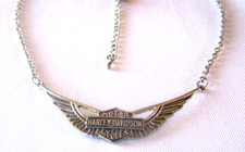 Harley Davidson Stainless Steel Wide Dangle Bar Shield Wings Logo Necklace