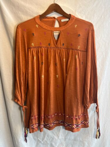 Hannah Plus Size 2x Rust with Multi Color Embroidery Tassels Tie Sleeves Boho