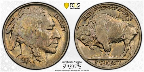 1918 Buffalo Nickel Attractive PCGS MS64+ Lightly Toned