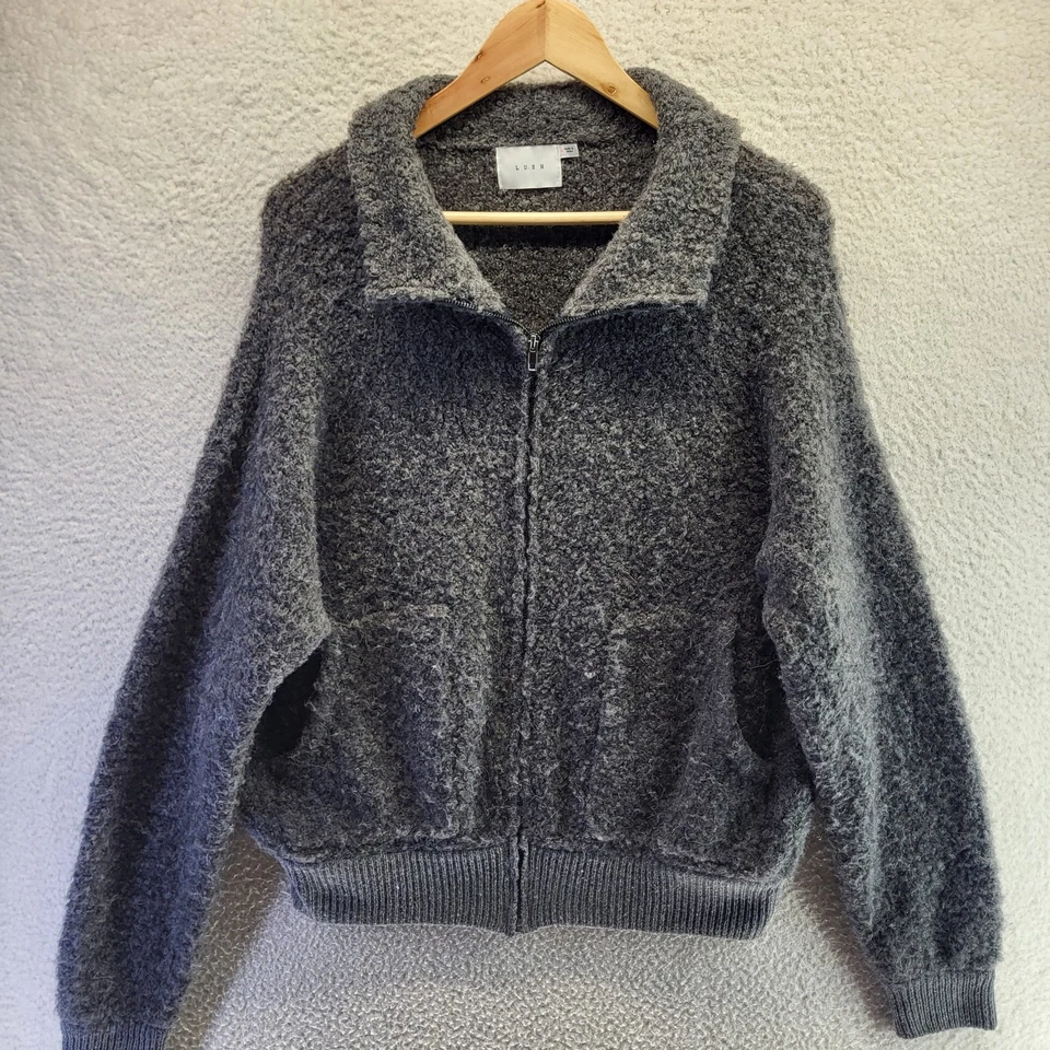 Suéter Lush Fuzzy Cremallera Completa Mujer Grande Gris Bolsillos Chaqueta Foto 2 de 4