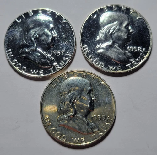 1957 1958 1959 FRANKLIN Half Dollar 50c Cents Silver PROOF 3-COIN Lot ~Hi Grade~