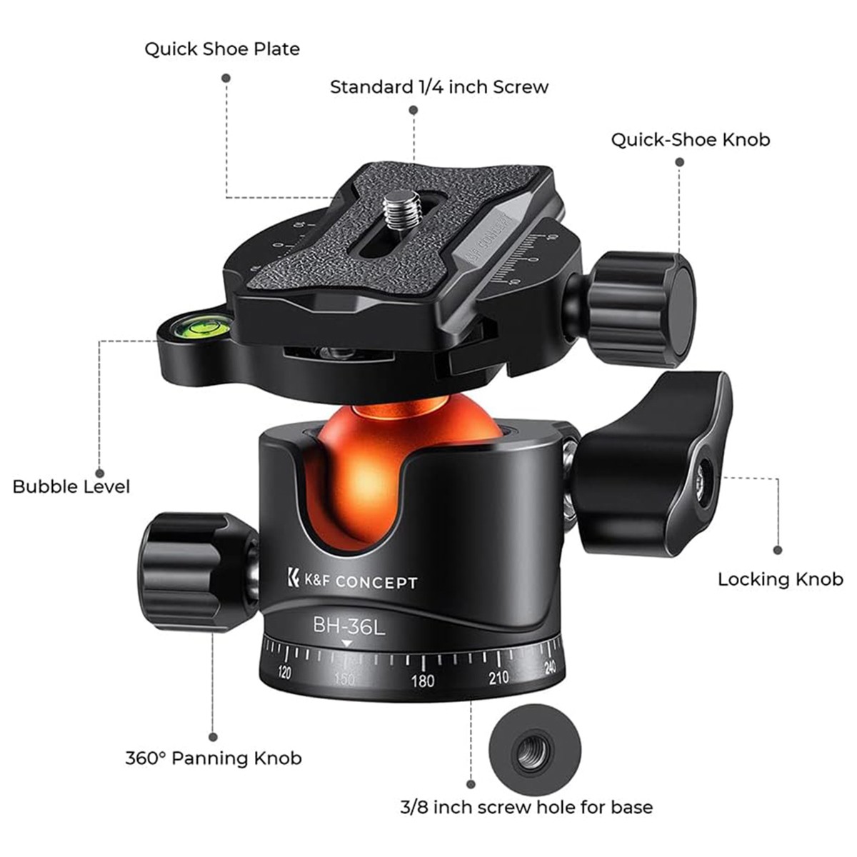 K&F Concept BH-36L 36mm Aluminum Alloy Panoramic Tripod Ball Head with Quick Rel