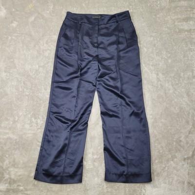 HOUSE of HARLOW Blue Satin Pleated High Waist Wide Leg Trousers Pants Size 10