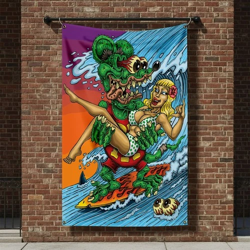 Rat Fink Surfing Flag Banner 3x5 FT Man Cave Garage Artwork Decor