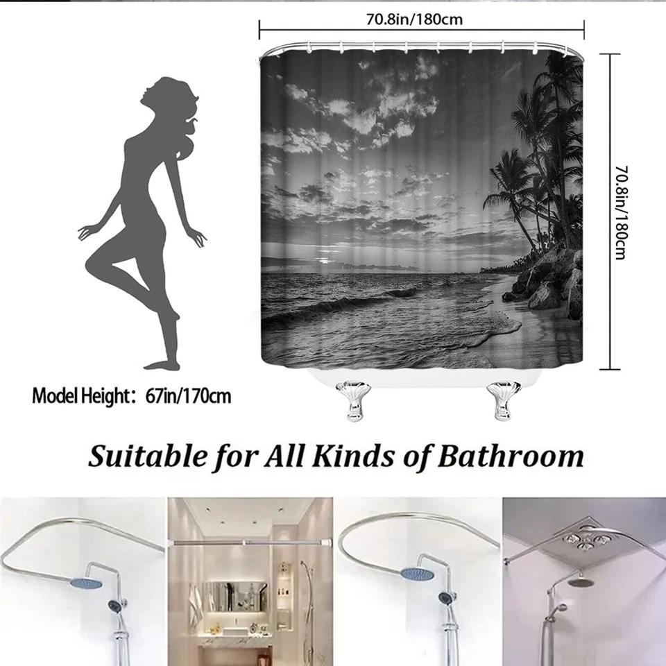 Black and White Beach Shower Curtain Ocean Wave Palm Tree Coastal Sunset - Image 3 of 4