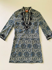 Tory Burch Medallion Tunic Dress Stretch Cotton Blend Soutache Navy Ivory sz 4