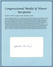 James R Hendrix d2002 signed autograph 3x5 cut USA Army WWII MOH Recipient