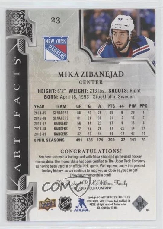 2019-20 Upper Deck Artifacts Pink /85 Mika Zibanejad #23 - Image 2 of 2