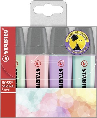 Highlighter - STABILO BOSS ORIGINAL Pastel - Pack of 4 - Hint of Mint, Pink Blus