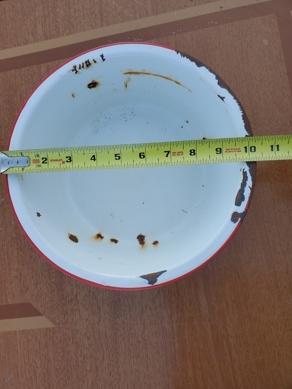 Vintage White Enamel Ware Basin Bowl With Red Trim 10.25" Dia x 3.75" Tall