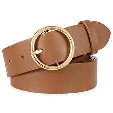 Women Leather Belt with Circle Gold Buckle Fashion Ladies Waist Belt for Jean...