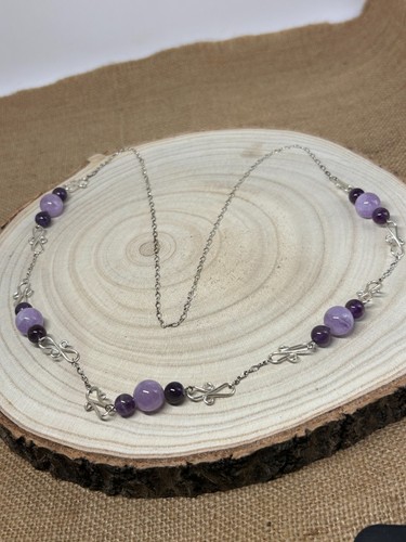 Stunning long Amethyst bead silver tone necklace
