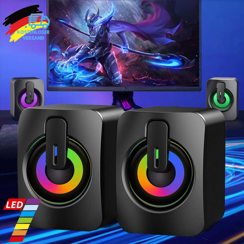 Kompakt Stereo RGB Lautsprecher für Computer PC Laptop Desktop Boxen USB AUX–
