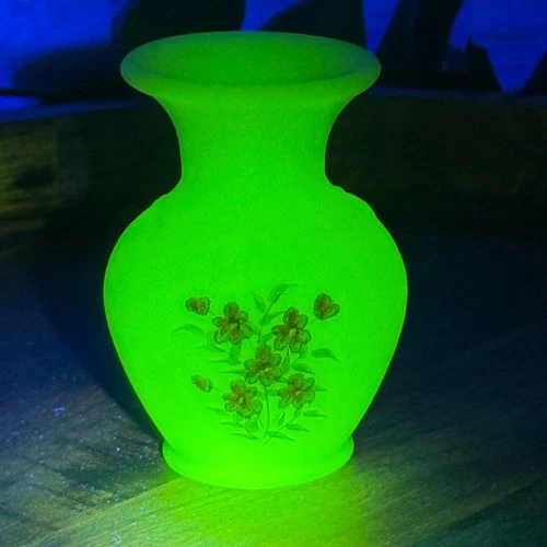 Fenton Yellow Satin Uranium Custard Glass Pink Blossom Vase Paint Flowers Glows