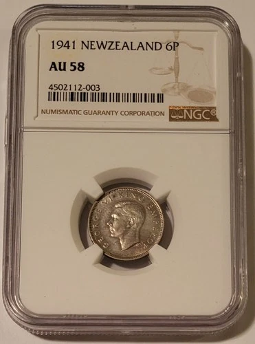 New Zealand George VI 1941 Silver 6 Pence AU58 NGC Semi-Key Date