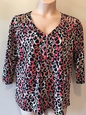 ASHLEY STEWART Top Size 18/20 Orange Black Print V-Neck 3/4 Sleeve Pullover