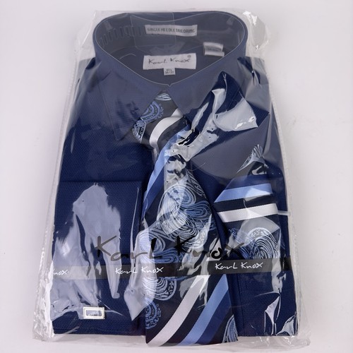 Men's Dark Light Blue Stripe Dress Shirt Cuff Links Tie Set Karl Knox SX4460
