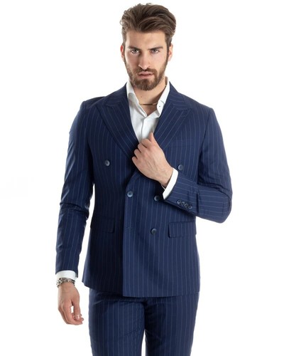 Traje Hombre Raya Diplomática 48 50 52 54 Slim Fit Cruzado Completo Azul Verano - Imagen 6 de 19