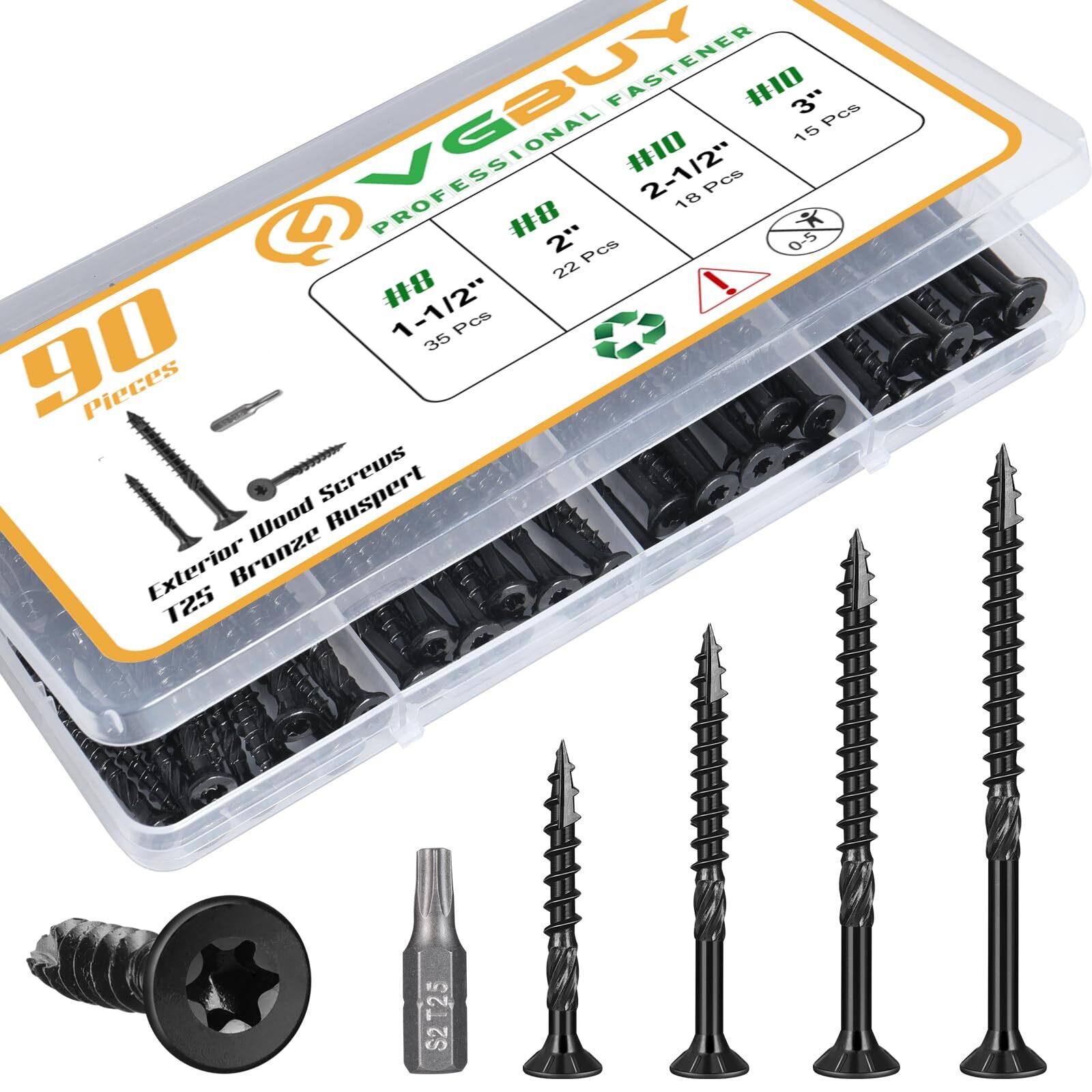 90-Piece Black Wood Screw Assortment Kit #8 #10 Heavy Duty T25 Star Drive