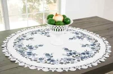 Delft Blue Onion Flower Ivory Table Topper (33" Round)