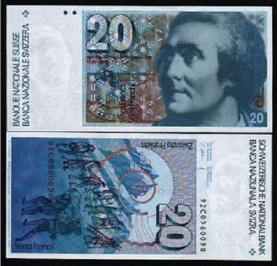 SWITZERLAND 20 FRANCS P-55 1992 MOUNTAIN UNC SWISS CURRENCY MONEY