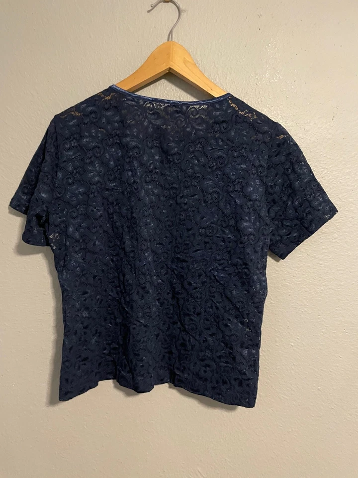 Top de mujer vintage grande azul marino floral encaje malla semi transparente romántico hada años 90 Foto 3 de 4