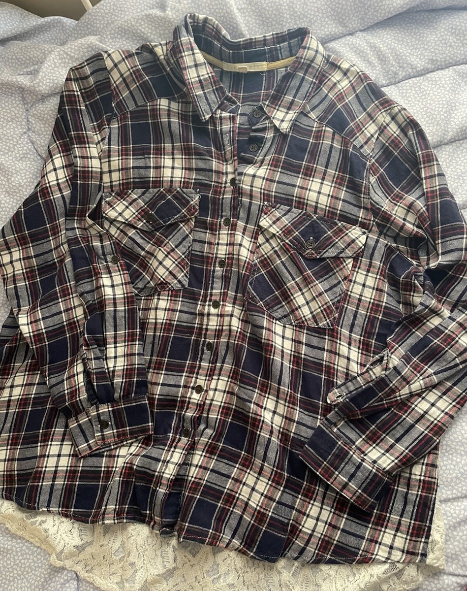 Navy Blue Plaid Boho Western Lace Back Button Up Shirt Sheer Artsy  HintofMint 1X