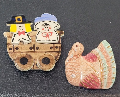 Handmade Thanksgiving Pins Fun Set Of 2 Pilgrims Mayflower & Turkey Ceramic