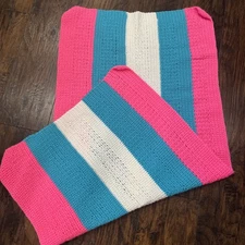 Hand Knit or Crocheted Lap Throw Blanket White Blue Pink  50" x 24"