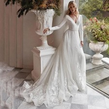 Boho A Line Wedding Dresses Backless Lace Applique V Neck Long Sleeves Gowns