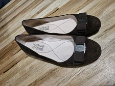 Ferragamo Ladies Brown Suede Ballerina Flat with Bow and logo 9b