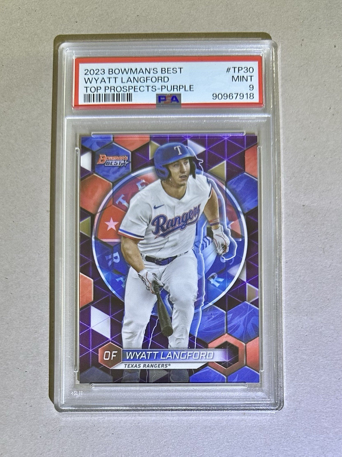 2023 Bowman’s Best Wyatt Langford Top Prospect Purple Refractor #'d/250 PSA 9