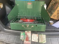 Vintage Coleman 2-Burner  Camp Stove Model 413 With Tank + Extras IN BOX