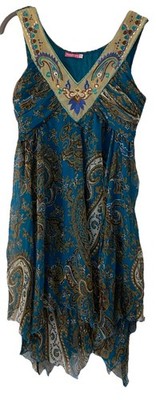 Fashion Spy Women s Sz M Boho Sleeveless Dress Handkerchief Hem Embroidered