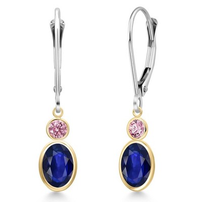 14K Two Tone Gold Sapphire and Pink Lab Grown Diamond Dangle Earrings for Women