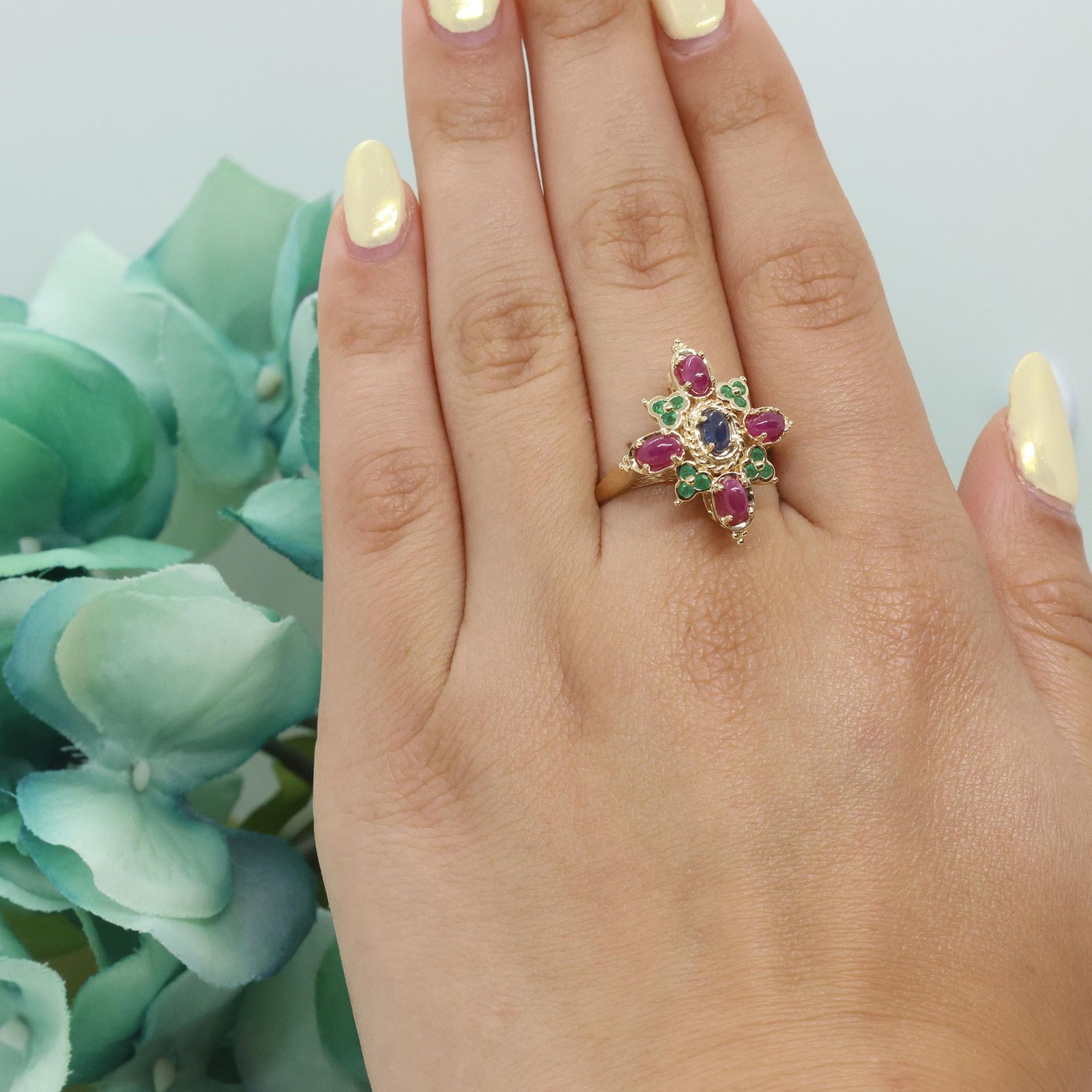 Ruby Sapphire Emerald Statement Ring 14K Yellow G… - image 2