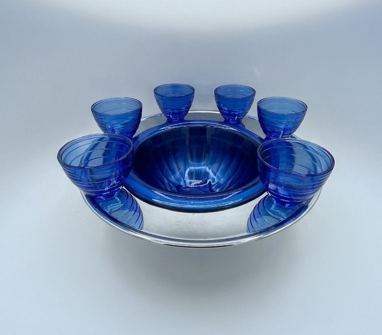 1930s Hazel Atlas Ritz Blue Punch Bowl Set w/ Chrome Stand & 6