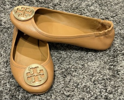 Tory Burch Minnie Travel Ballet Flat In Royal Tan/Gold Sz Womens 6.5