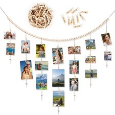 Hanging Photo Display with Clips, Boho Wood Bead Garland Picture Holder for