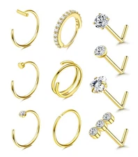 Nose Rings Studs 14KGold Filled 20G 10pc CZ Heart L Shape Hypoalergenic Piercing