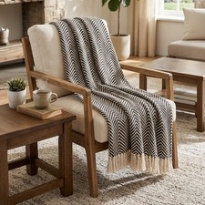 Image of Cotton Herringbone Throw Charcoal Grey Fringe Tassel Sofa Bed Chair Blanket New