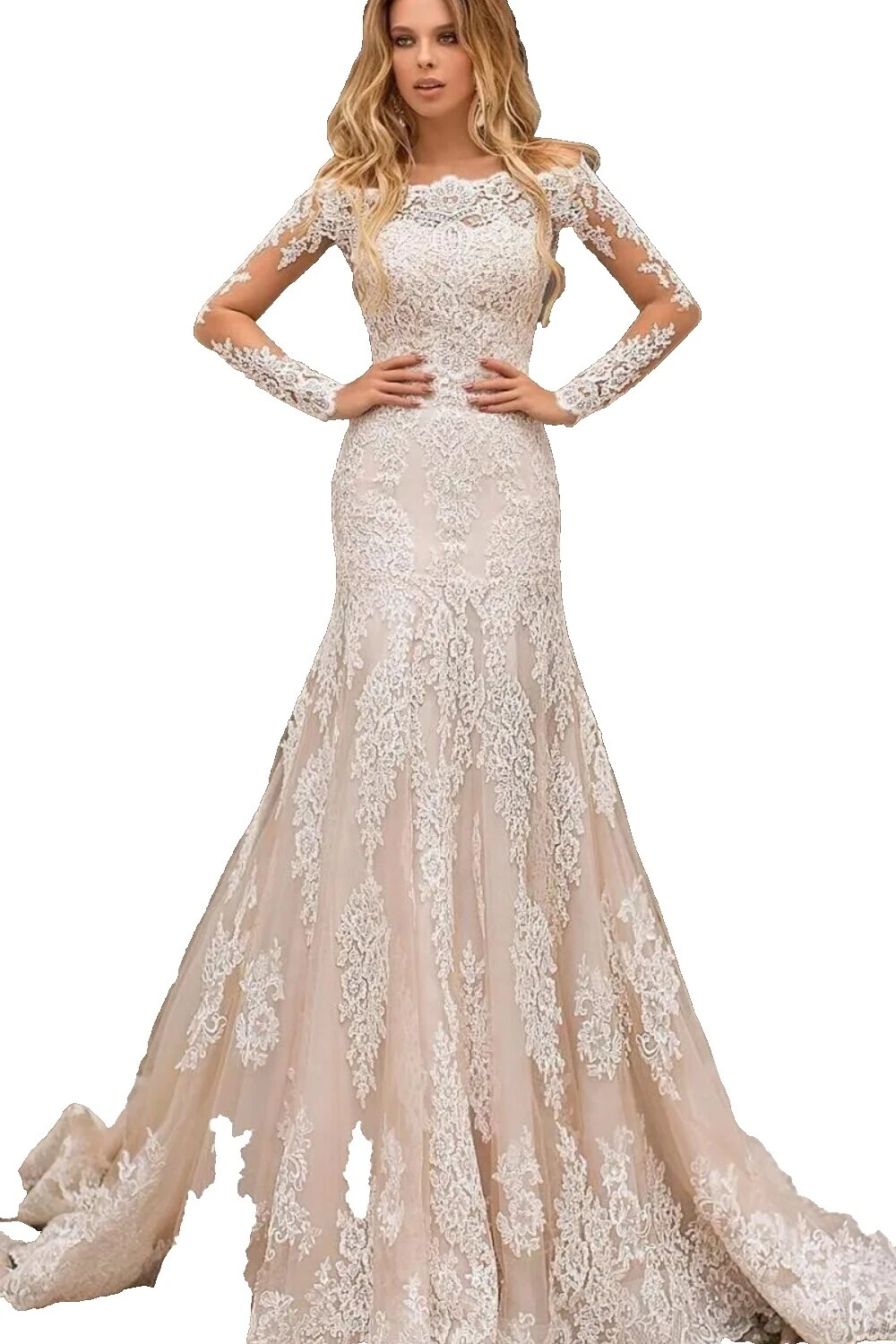 Tulle Boat Neck Mermaid & Trumpet Long Sleeve Wedding Dresses