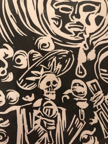 Skeleton Mariachi Band Dia de los Muertos Linocut Print Original Handmade Art - Picture 10 of 12
